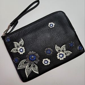 Vera Bradley Mallory Genuine Leather RFID Wristlet Bag Clutch Lotus Blooms Black